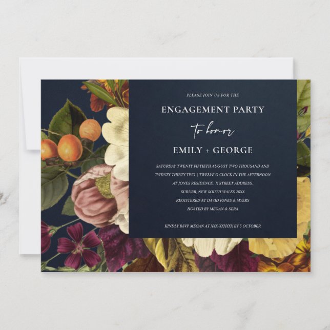 NAVY VINTAGE RETRO BURGUNDY FLORAL ENGAGEMENT INVITATION (Front)