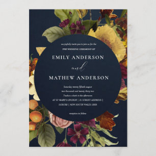 NAVY VINTAGE RETRO BURGUNDY YELLOW FLORAL WEDDING INVITATION