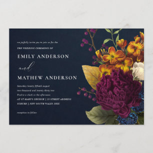 NAVY VINTAGE RETRO BURGUNDY YELLOW FLORAL WEDDING INVITATION