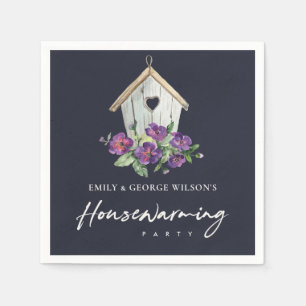 NAVY VIOLET FLORAL BIRD HOUSE HOUSEWARMING PARTY NAPKIN