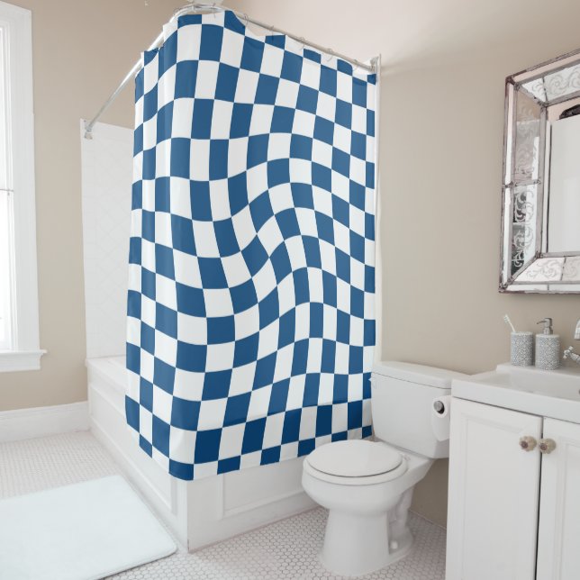 Navy Warped Retro Checks Chequerboard Chequered Shower Curtain (In Situ)