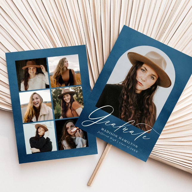 Navy Watercolor Arch 7 Photo Collage Graduation Announcement (Creator Uploaded)