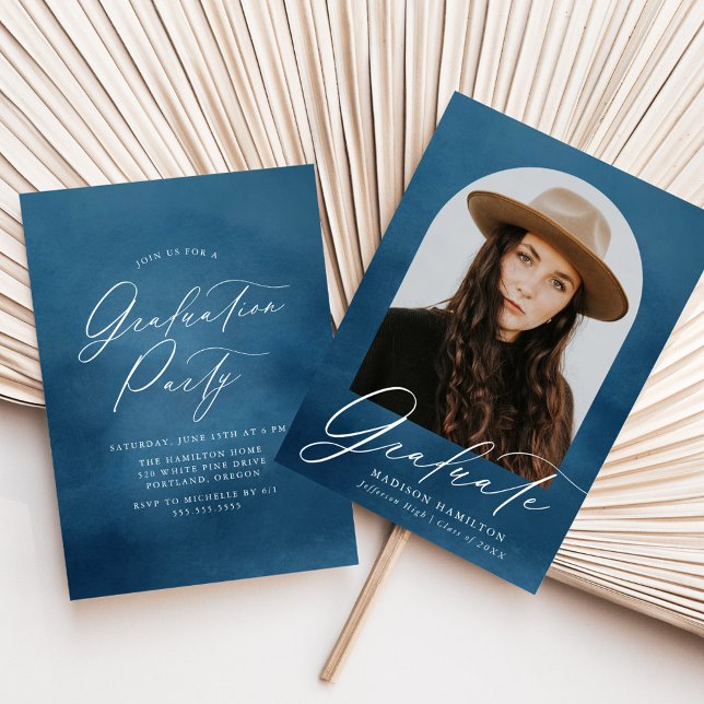 Navy Watercolor Arch Photo Graduation Party Invitation (Creator Uploaded)