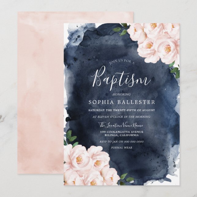 Navy Watercolor Beautiful Blush Floral Baptism Invitation (Front/Back)