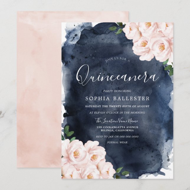 Navy Watercolor Beautiful Blush Floral Quinceanera Invitation (Front/Back)