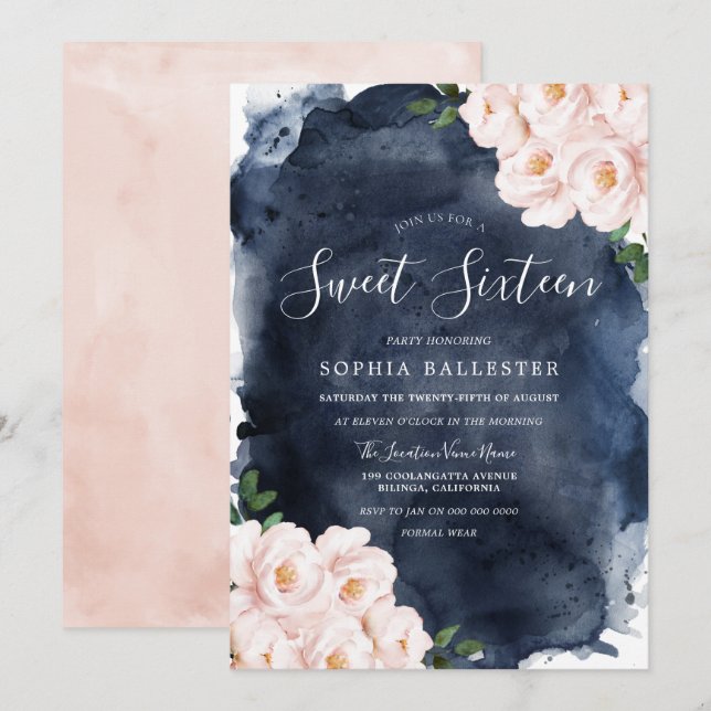 Navy Watercolor Beautiful Blush Floral Sweet 16 Invitation (Front/Back)