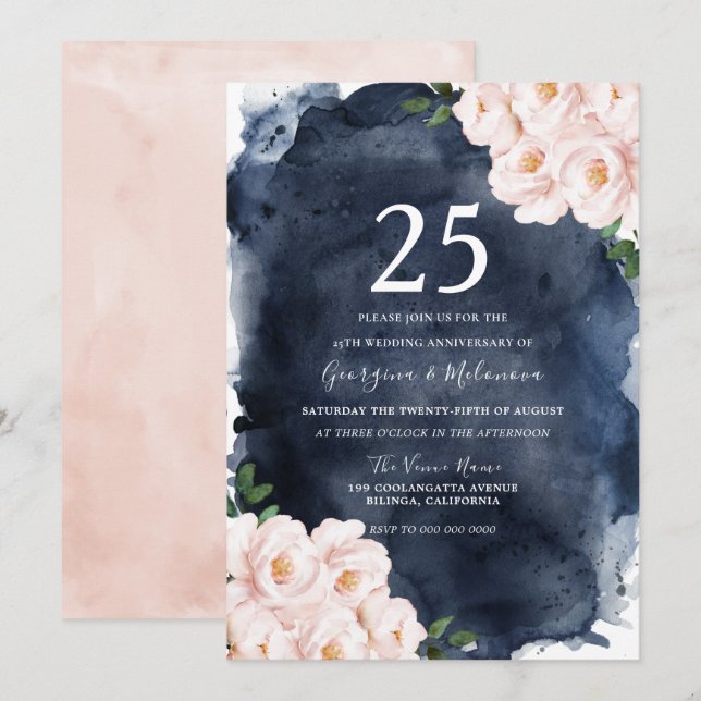 Navy Watercolor Blush Floral 25th Anniversary Invitation (Front/Back)