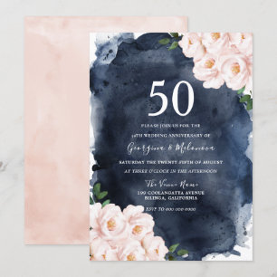 Navy Watercolor Blush Floral 50th Anniversary Invitation