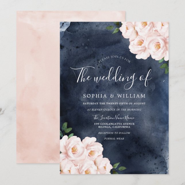 Navy Watercolor Blush Flowers Wedding Invitation (Front/Back)
