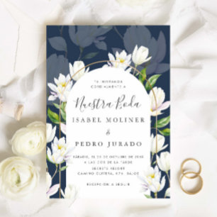Navy Watercolor Botanical Nuestra Boda Wedding Invitation