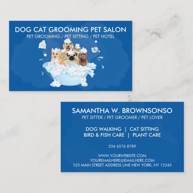 Navy Watercolor Bubble Pet Groomer cats dogs Business Card (Front/Back)