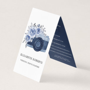 Navy Watercolor Camera Peony Wedding Photographer Business Card