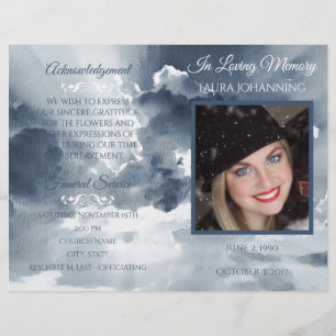 Navy Watercolor Clouds Photo Funeral Program