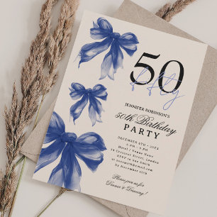 Navy Watercolor Coquette Bow 50th Birthday Beige Invitation
