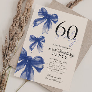 Navy Watercolor Coquette Bow 60th Birthday Beige Invitation