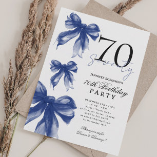 Navy Watercolor Coquette Bow 70th Birthday Party Invitation