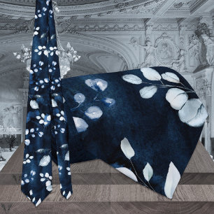 Navy Watercolor Dusty Blue Greenery Wedding Tie