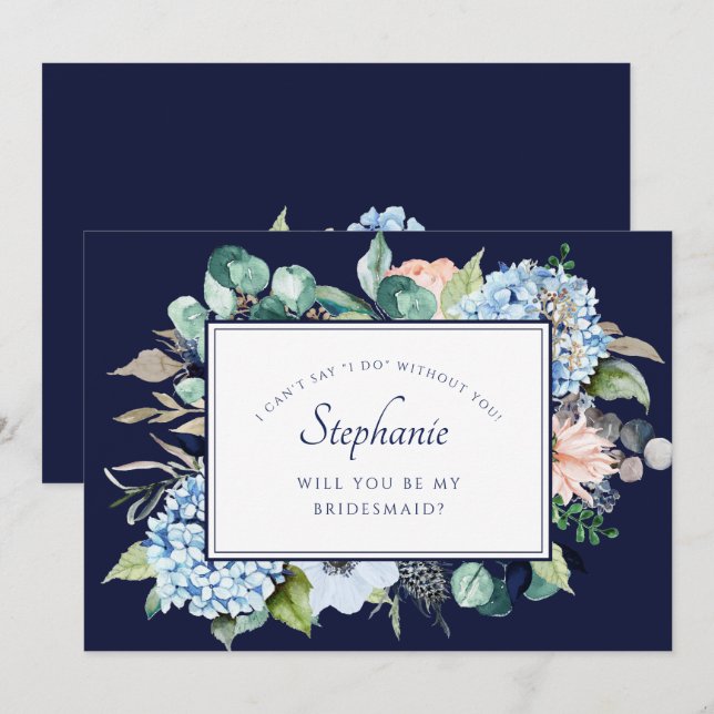 Navy Watercolor Floral Blue Hydrangea Bridesmaid Invitation (Front/Back)