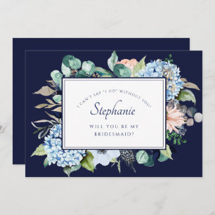 Navy Watercolor Floral Blue Hydrangea Bridesmaid Invitation