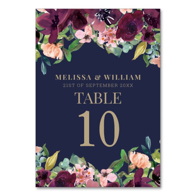 Navy Watercolor Floral Burgundy Wedding Table Number (Back)