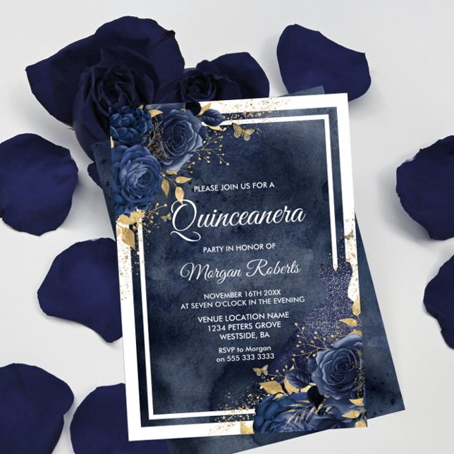 Navy Watercolor, Floral & Dress, Gold Quinceanera Invitation (Creator Uploaded)