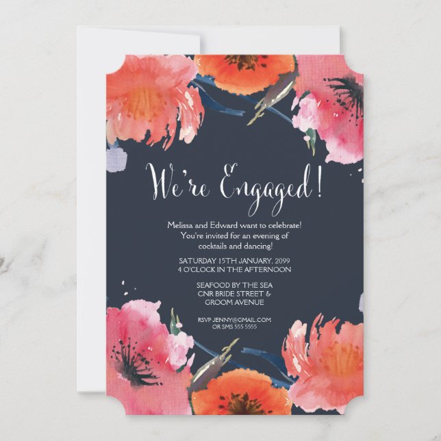 Navy Watercolor Floral Engagement Party Invite (Front)