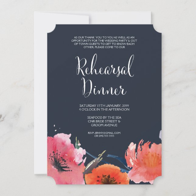 Navy Watercolor Floral Rehearsal Dinner Invite (Front)