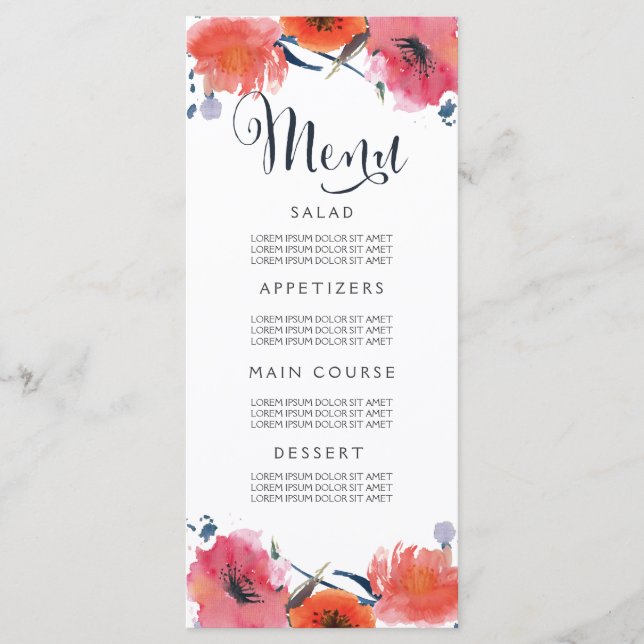 Navy Watercolor Floral Wedding Menu Cards (Front)