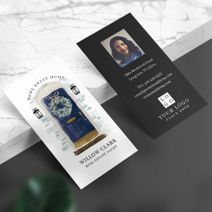 Navy Watercolor Front Door Wreath Photo & Logo Business Card