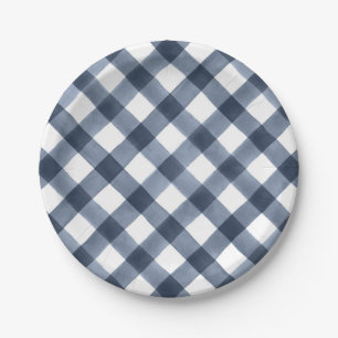 Navy Watercolor Gingham Paper Plate