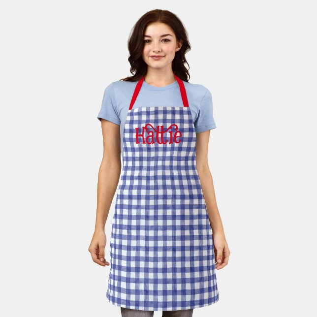 Navy Watercolor Gingham Personalised Apron (Worn)