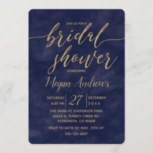 Navy Watercolor Gold Foil Bridal Shower Invitation