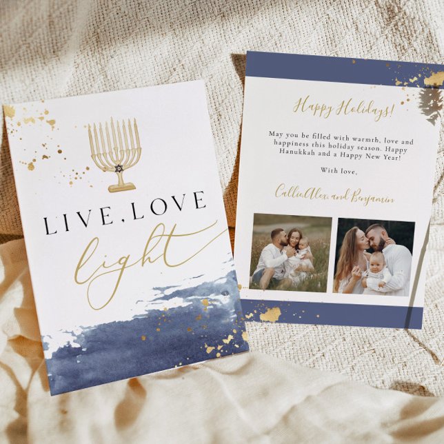 Navy Watercolor Gold Menorah Hanukkah Card (Creator Uploaded)