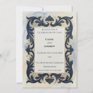 Navy Watercolor Gold Scroll Wedding Invite