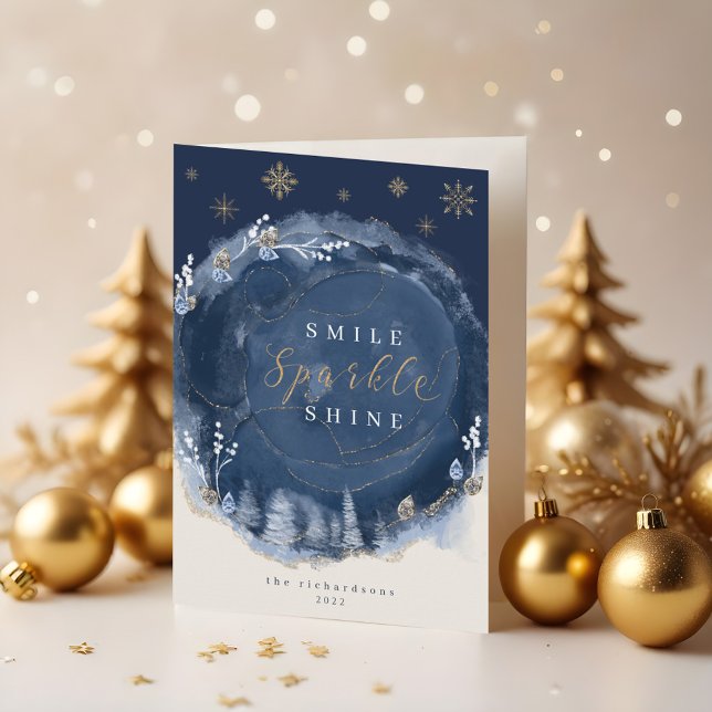 Navy Watercolor Ink & Jewels Winter Night Holiday Card (Navy Watercolor Ink & Jewels Winter Night Holiday Card)