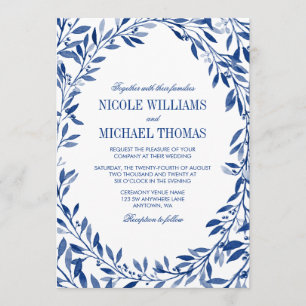 Navy Watercolor Laurel Wreath Wedding Invitation