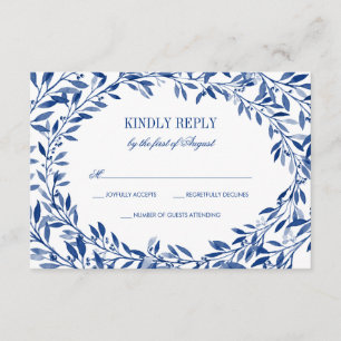 Navy Watercolor Laurel Wreath Wedding RSVP