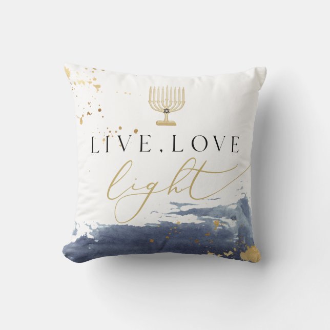 Navy Watercolor Menorah Live Love Light Hanukkah Cushion (Front)