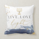 Navy Watercolor Menorah Live Love Light Hanukkah Cushion<br><div class="desc">This Hanukkah throw pillow features a navy watercolor smudge,  golden foil splatters and a gold watercolor menorah. Edit the background to match your household decor and use for your festival of lights.</div>