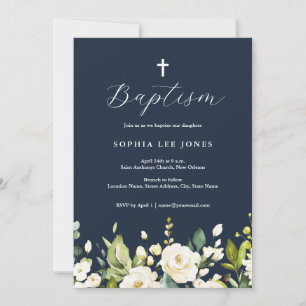 Navy Watercolor Neutral Florals Baptism  Invitation