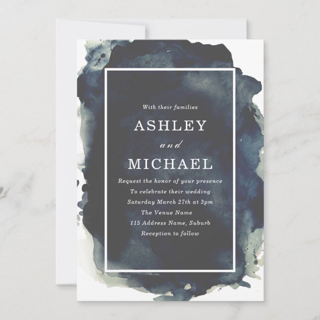Navy Watercolor Paint Splash Modern Wedding Invitation (Front)