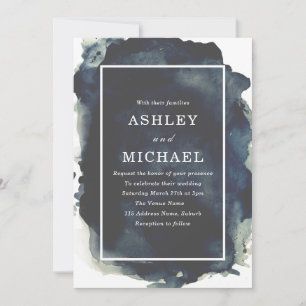 Navy Watercolor Paint Splash Modern Wedding Invitation