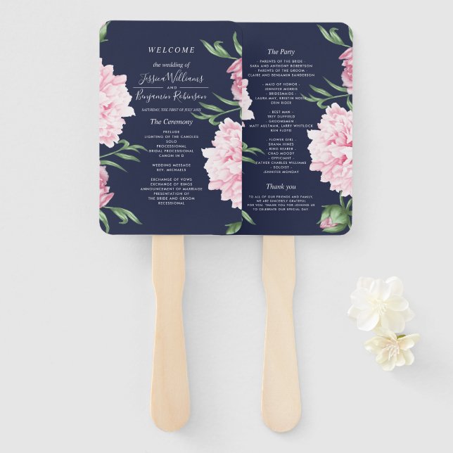 Navy Watercolor Pink Peony Floral Wedding Hand Fan (Front and Back)