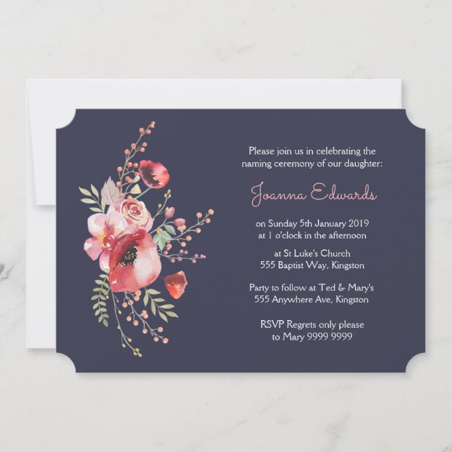 Navy Watercolor Poppies Naming Ceremony Invite (Front)