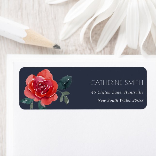 NAVY WATERCOLOR RED GREEN ROSE FLORAL ADDRESS (Insitu)