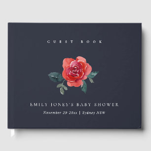 NAVY WATERCOLOR RED GREEN ROSE FLORAL BABY SHOWER GUEST BOOK