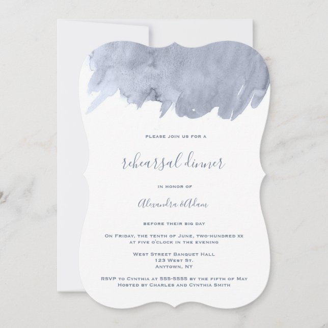 Navy watercolor rehearsal dinner invitations (Front)