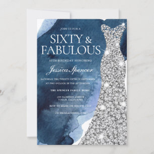 Navy Watercolor & Silver Gown 60th Birthday Party Invitation