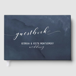 Navy Watercolor Silver Script Elegant Wedding Guest Book