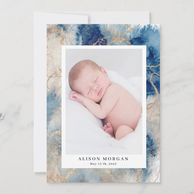navy watercolor waves gold birth announcement (Front)